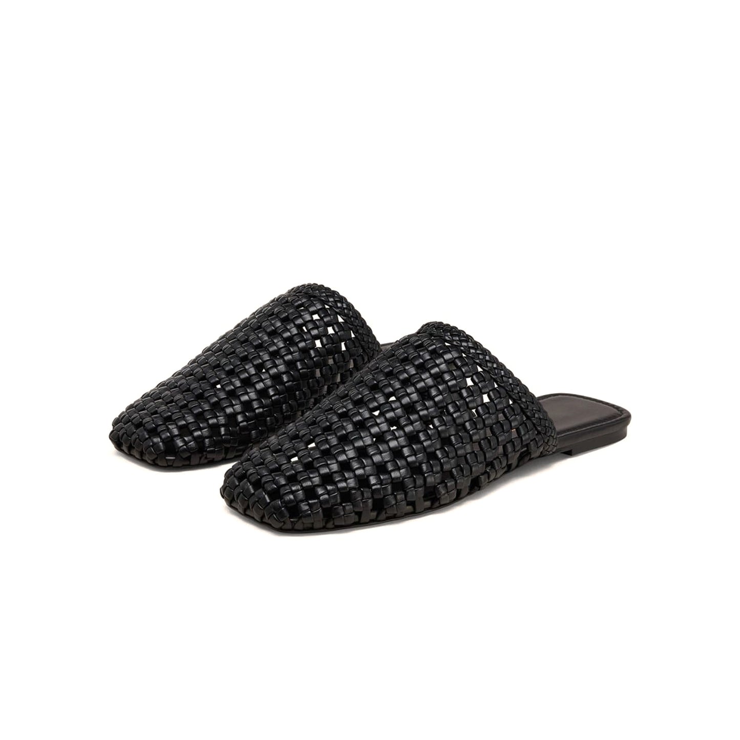 Black Woven Vegan Leather Square-Toe Backless Chic Flats