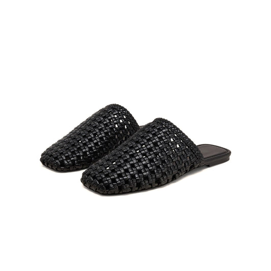 Black Woven Vegan Leather Square-Toe Backless Chic Flats