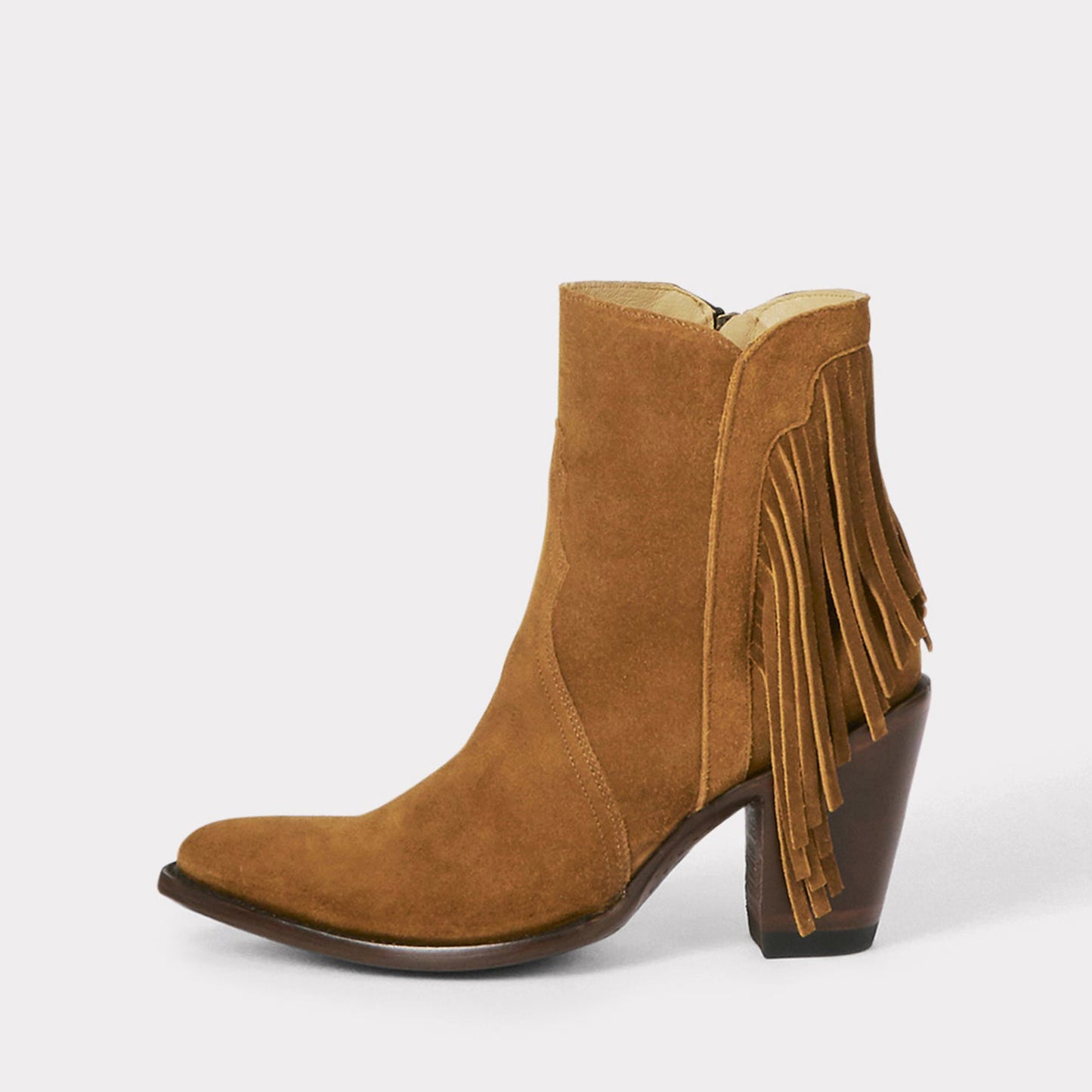 Cognac Faux Suede Round-Toe Side Fringe Half-Zip Simple Ankle Cowgirl Boots
