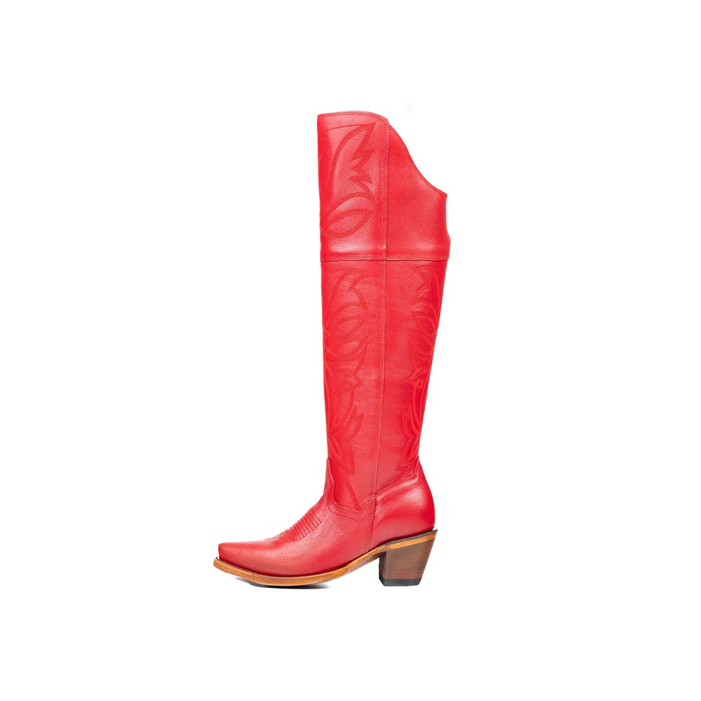 Red Snip-Toe Half-Zip Western Embroidery Knee High Cowgirl Boots