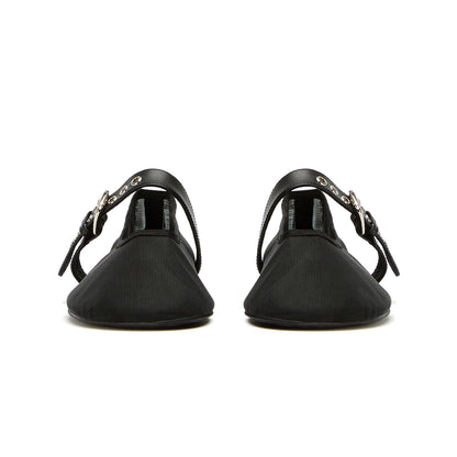 Black Mesh Round-Toe Ballet Flats With Bridge Strap