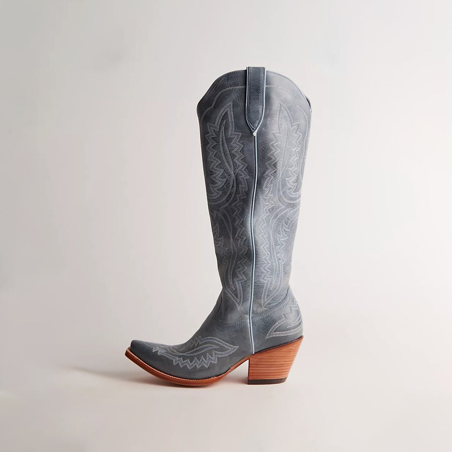 Distressed Blue Snip-Toe Embroidery Half-Zip Knee High Cowgirl Boots