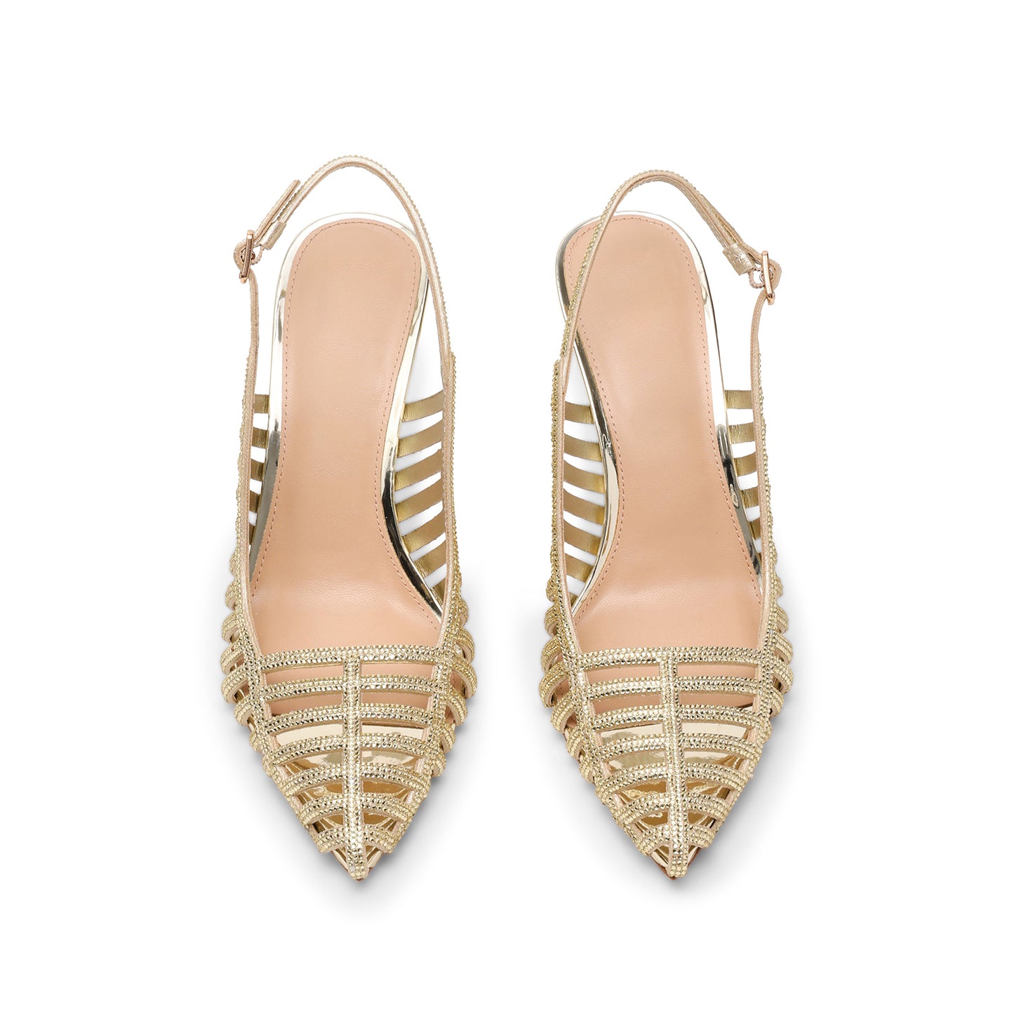 Metallic Gold Pointed-Toe Rhinestones Strappy And Slingback Kitten Heels