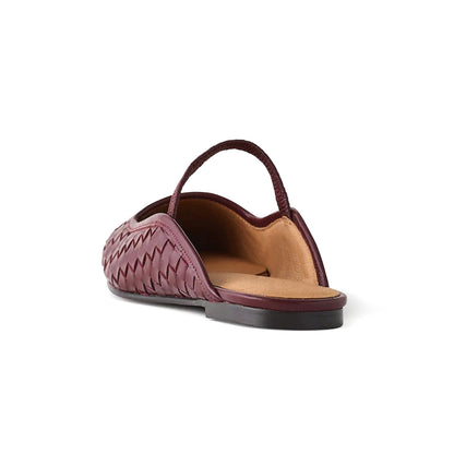 Wine Red Woven Square-Toe Bridge Strap Slip-On Flats