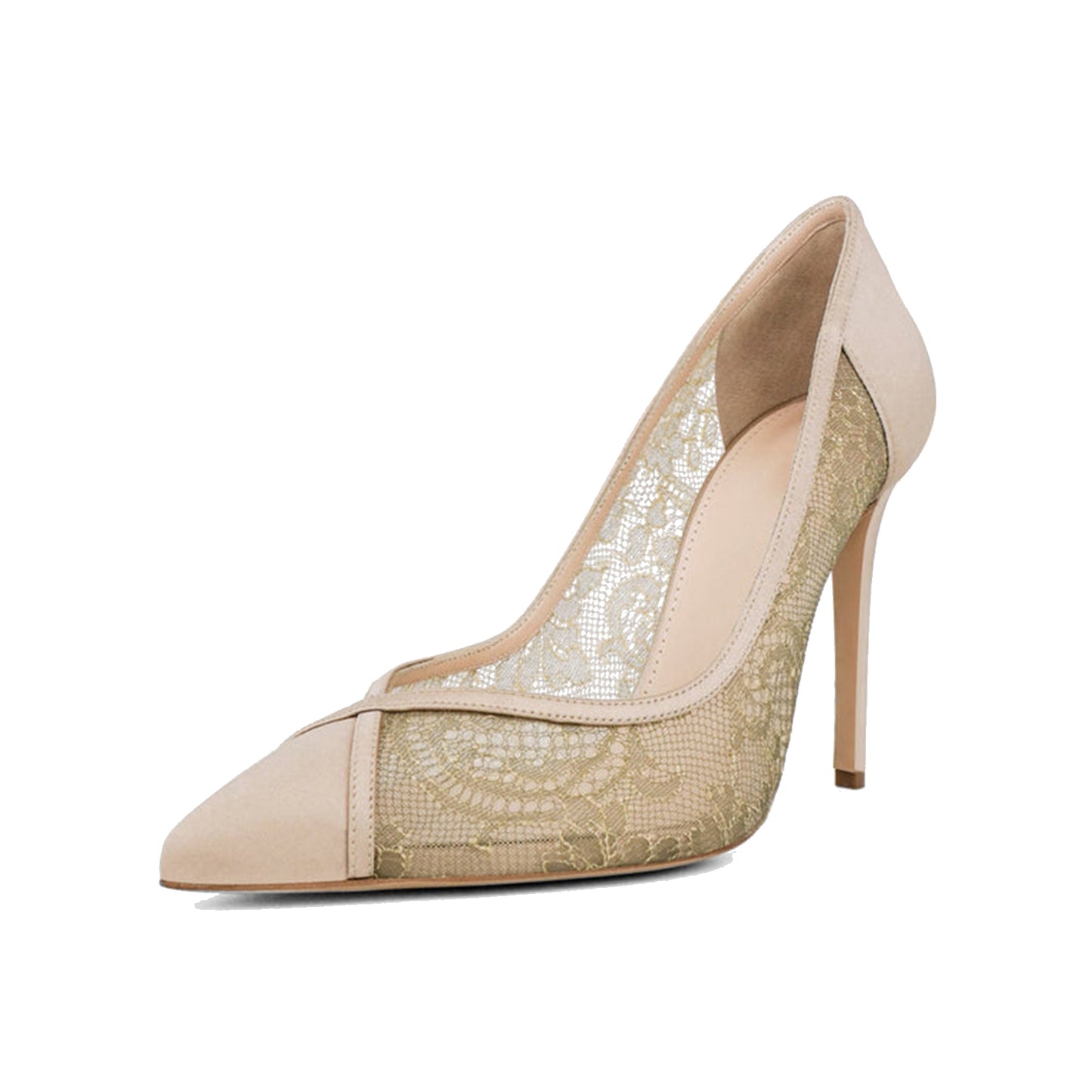 Nude Lace Mesh And Satin Pointed-Toe Slip-On Classic High Heels