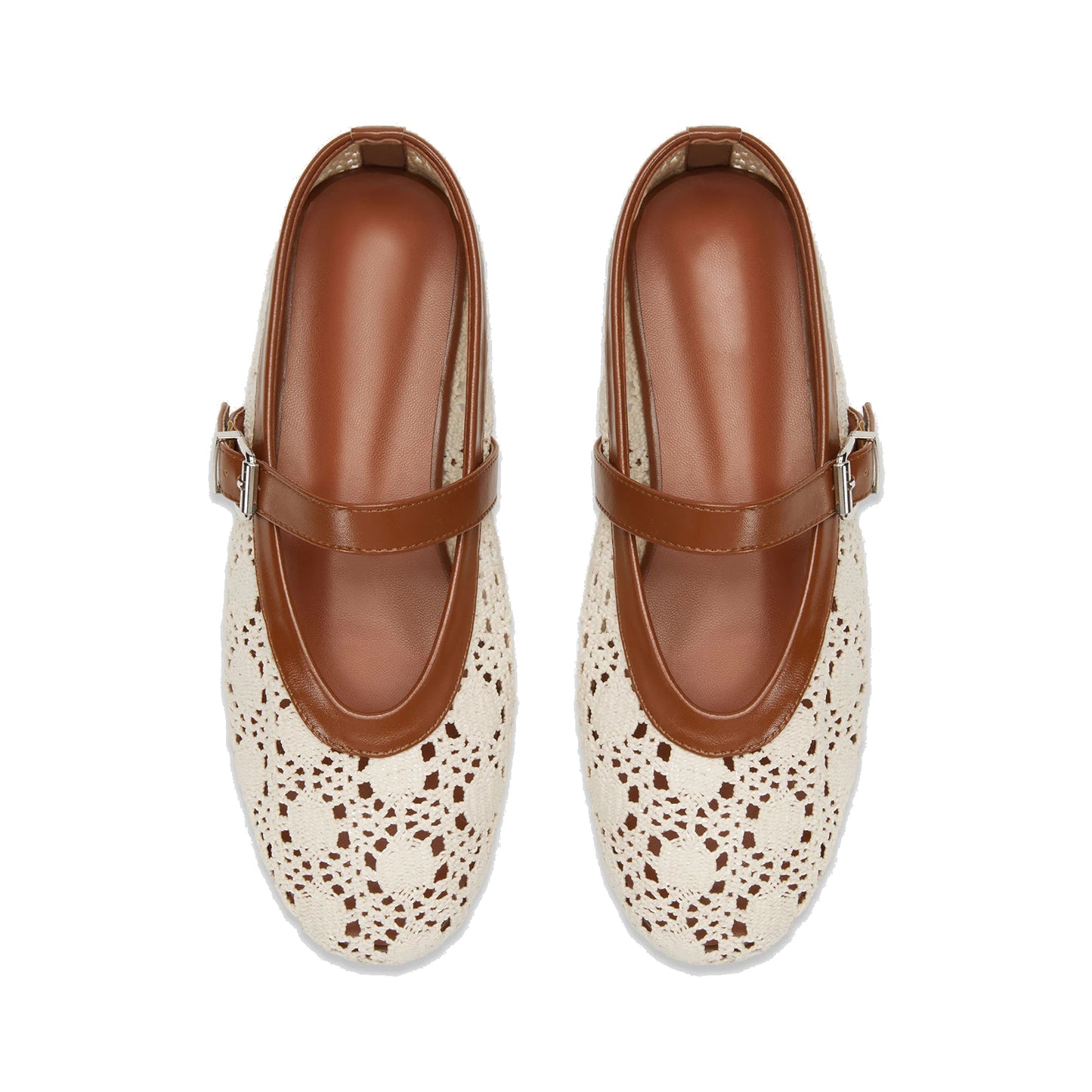 Beige Wool Weaving Round-Toe Buckle Mary Jane Classic Flats