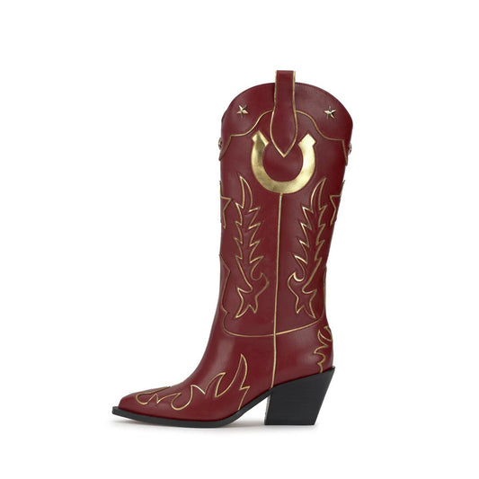 Red Almond-Toe Horseshoe Inlay Star Studs And Applique Mid Calf Cowgirl Boots