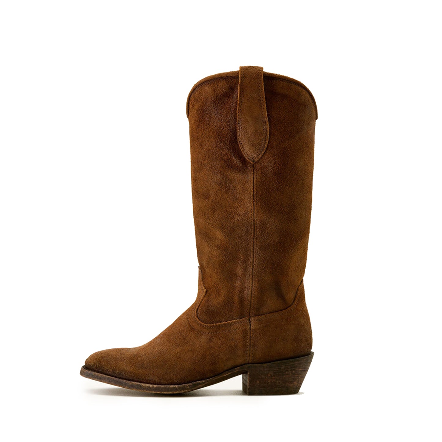 Brown Faux Suede Round-Toe Simple Mid Calf Classic Cowgirl Boots