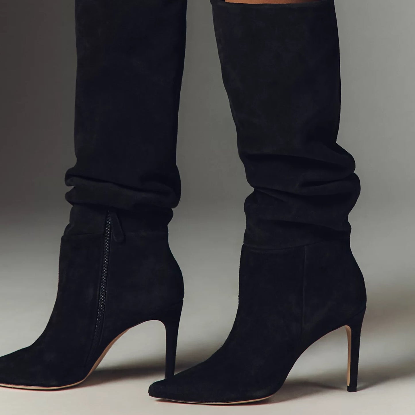 Black Faux Suede Pointed-Toe Side Half-Zip Knee High Stiletto Boots