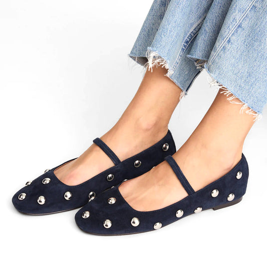 Indigo Faux Suede Square-Toe Bridge Strap Studded Slip-On Flats