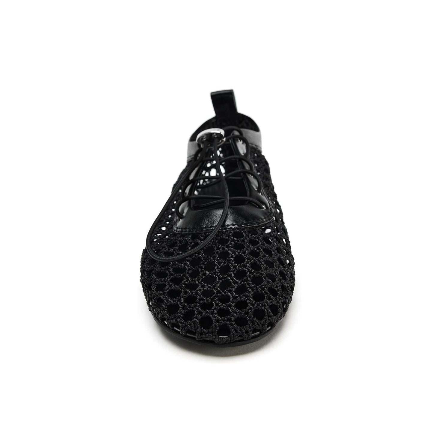 Black Vegan Leather Woven Round-Toe Lace-Up Flats