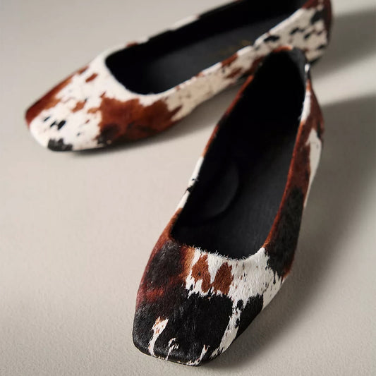 Cow Print Pony Hair Square-Toe Slip-On Ballet Flats