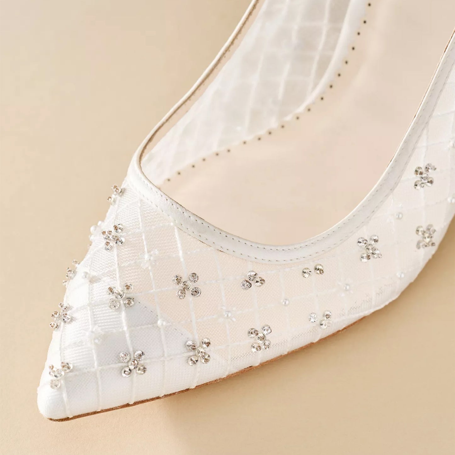 White Crystal-Embellished Mesh Pointed-Toe Slingback Ankle Strap High Heels