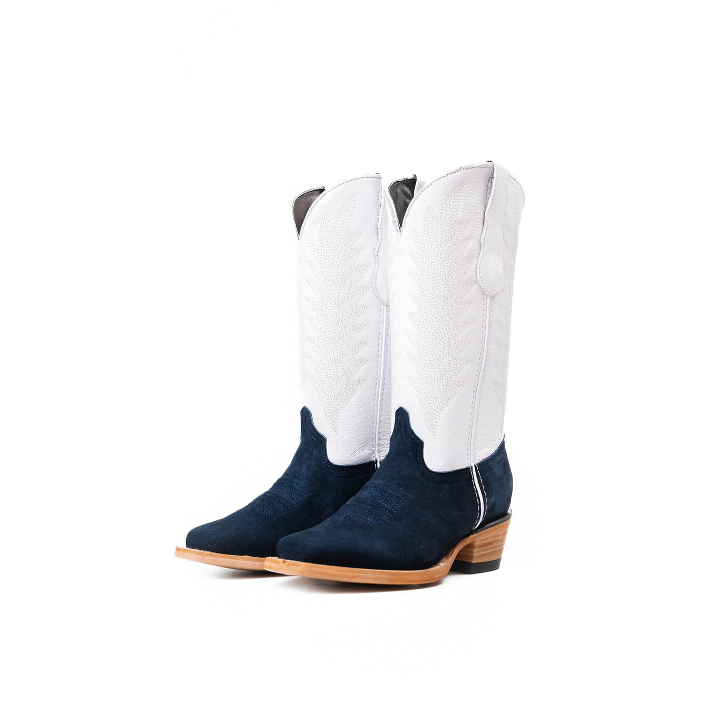 Contrast White And Navy Faux Suede Snip-Toe Embroidery Mid Calf Cowgirl Boots