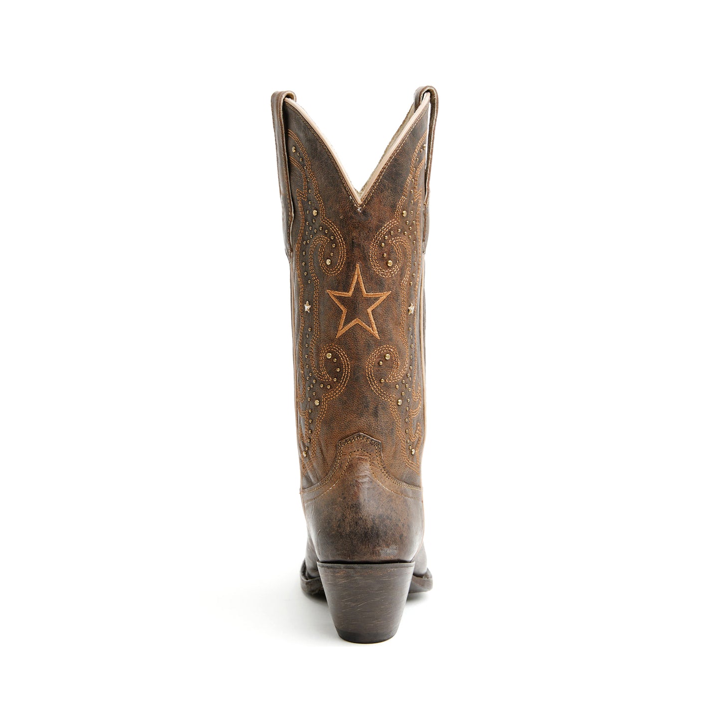 Distreseed Brown Snip-Toe Star Embroidery And Studs Mid Calf Cowgirl Boots