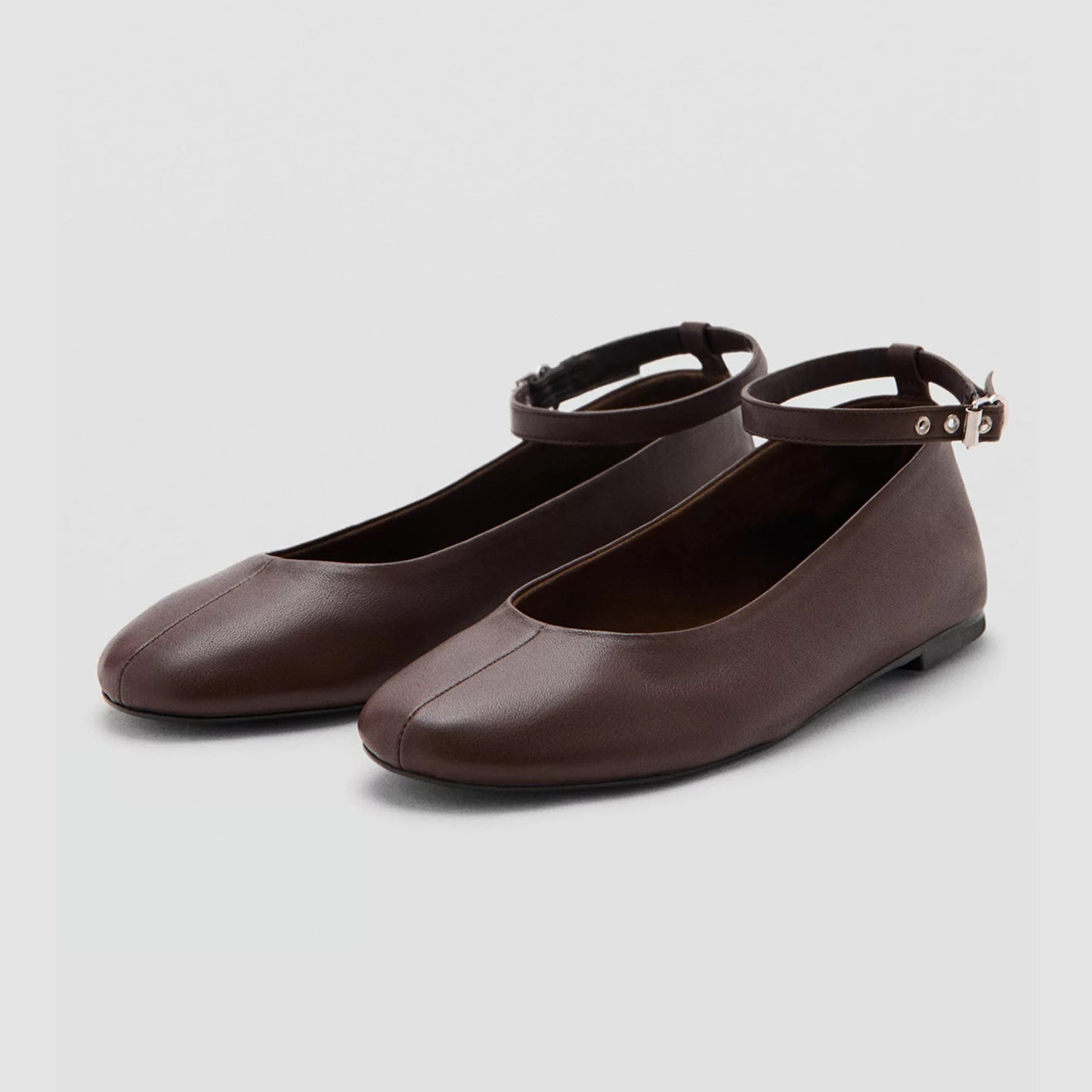 Chocolate Round-Toe Slip-On Buckle Ankle Strap Ballet Flats
