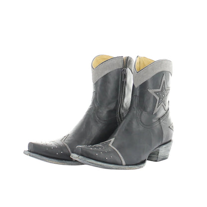 Black Snip-Toe Studded And Star Applique Ankle Cowgirl Boots