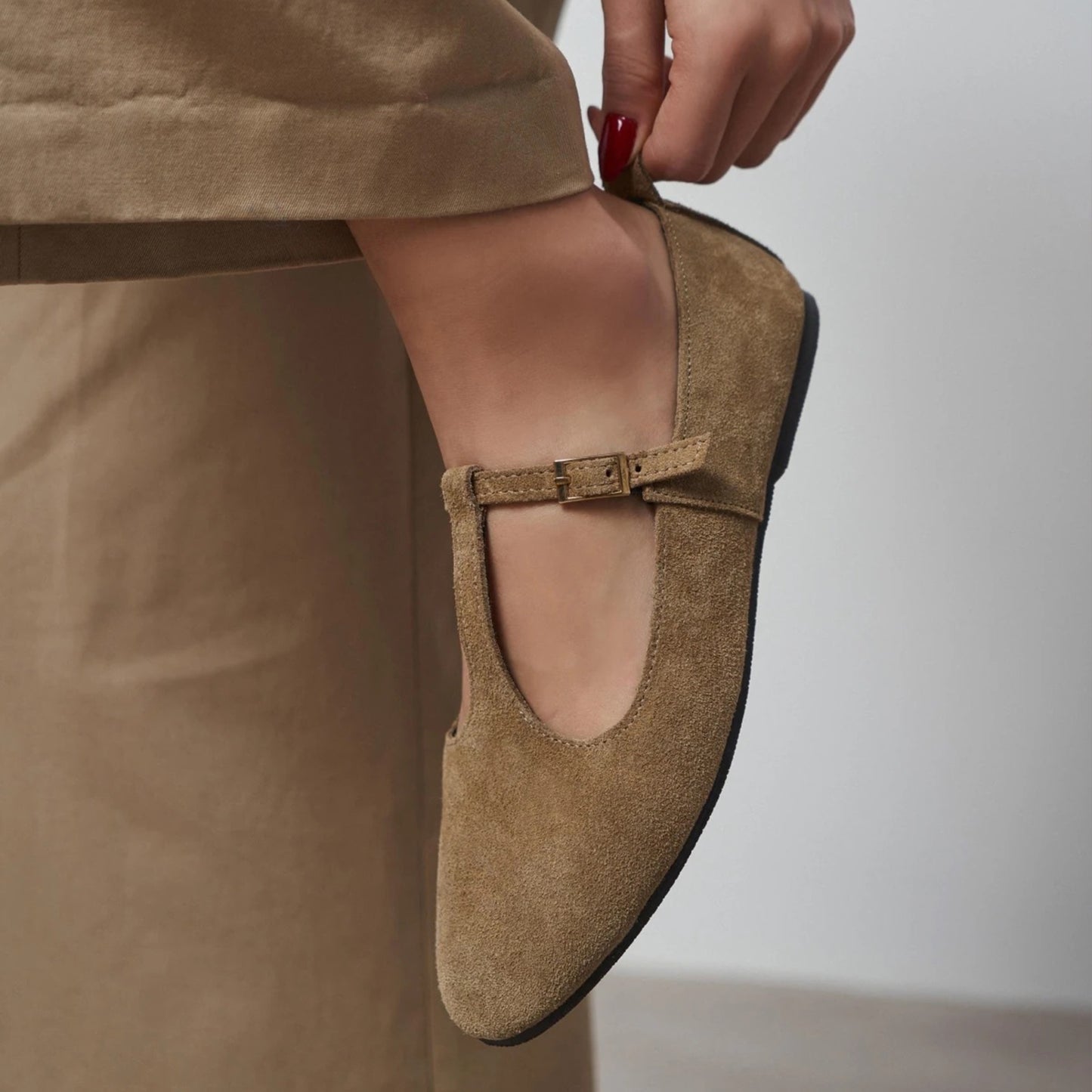 Camel Faux Suede Round-Toe Buckle Middle Strap Simple Chic Flats