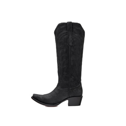 Black Snip-Toe Thread Stitching Half-Zip Knee High Cowgirl Boots