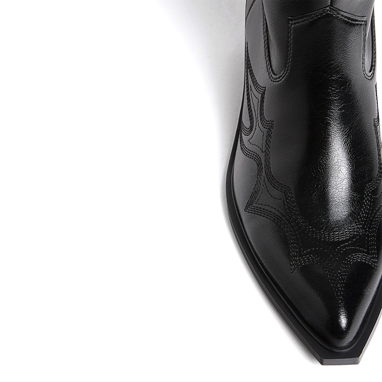 Black Almond-Toe Embroidery Detail Full-Zip Ankle Cowgirl Boots