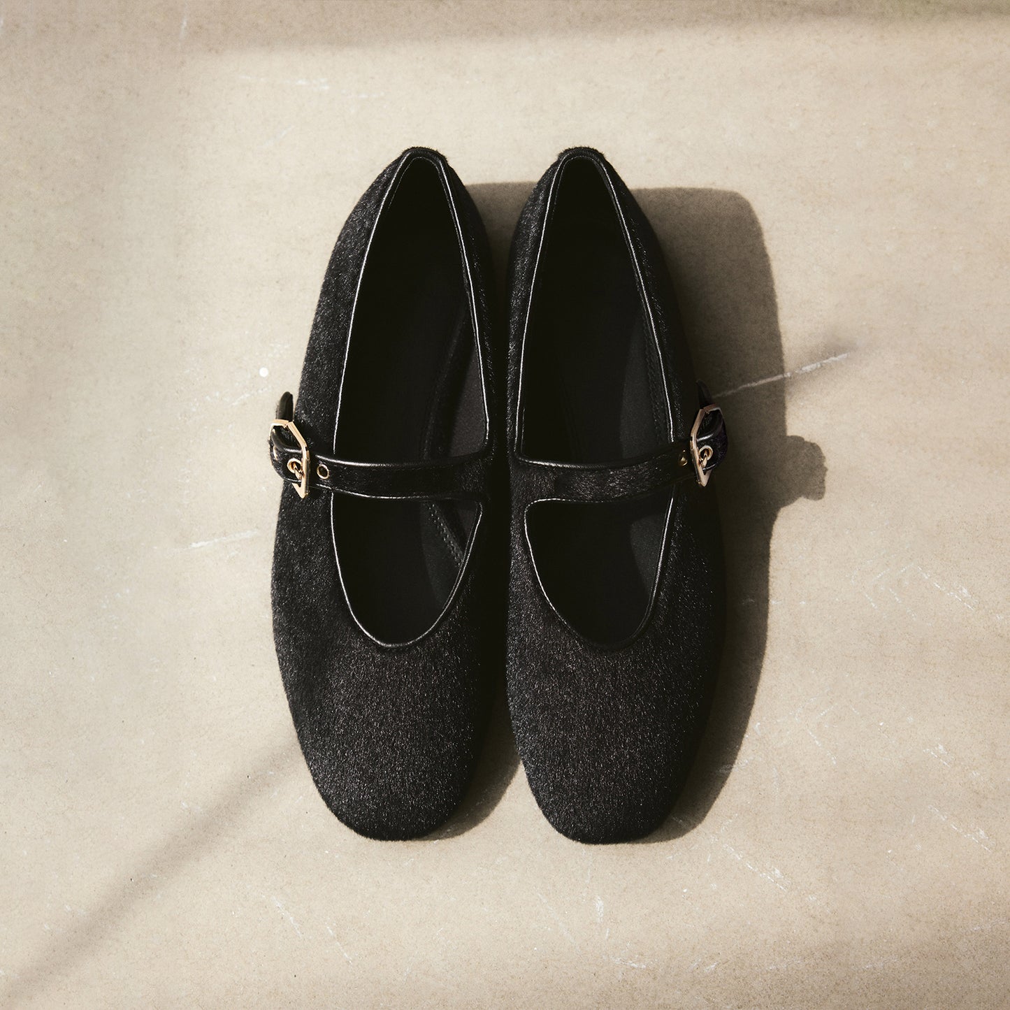 Black Pony Hair Square-Toe Bridge Strap Ballet Flats