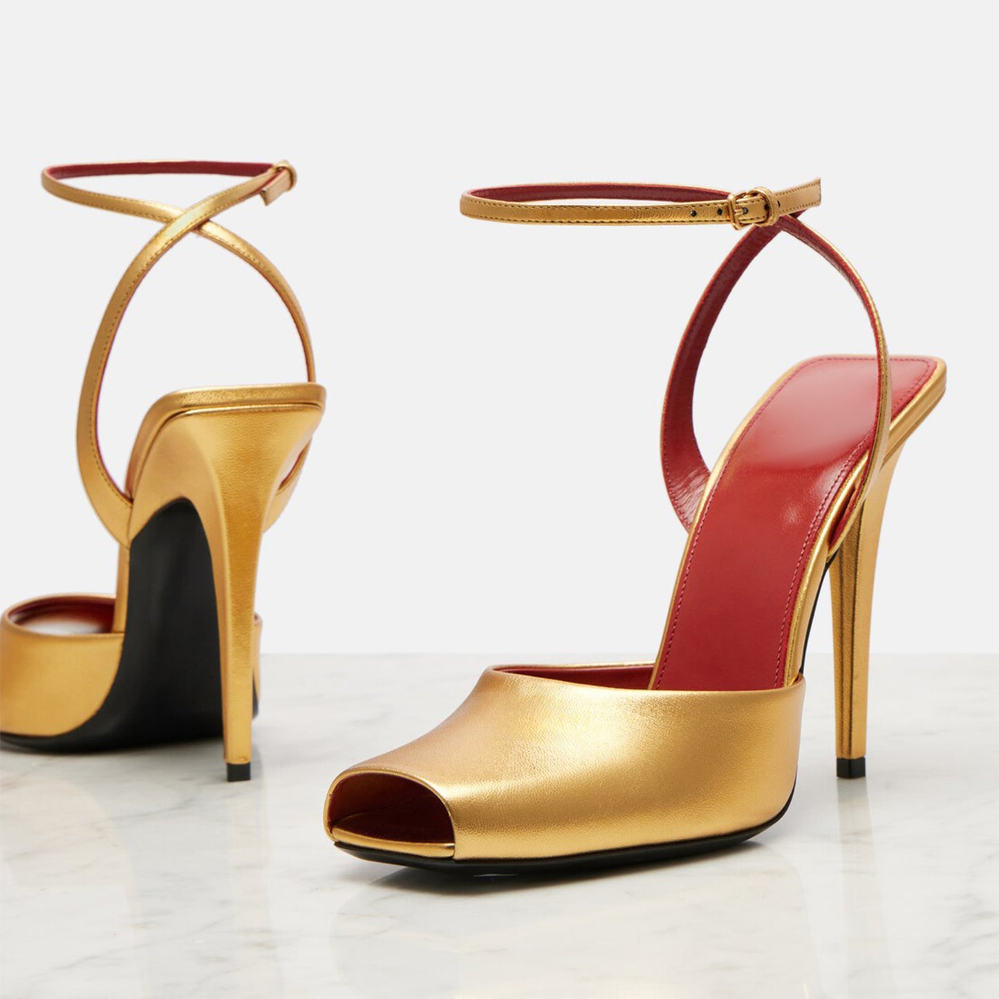 Metallic Gold Square-Toe Ankle Strap High Heels