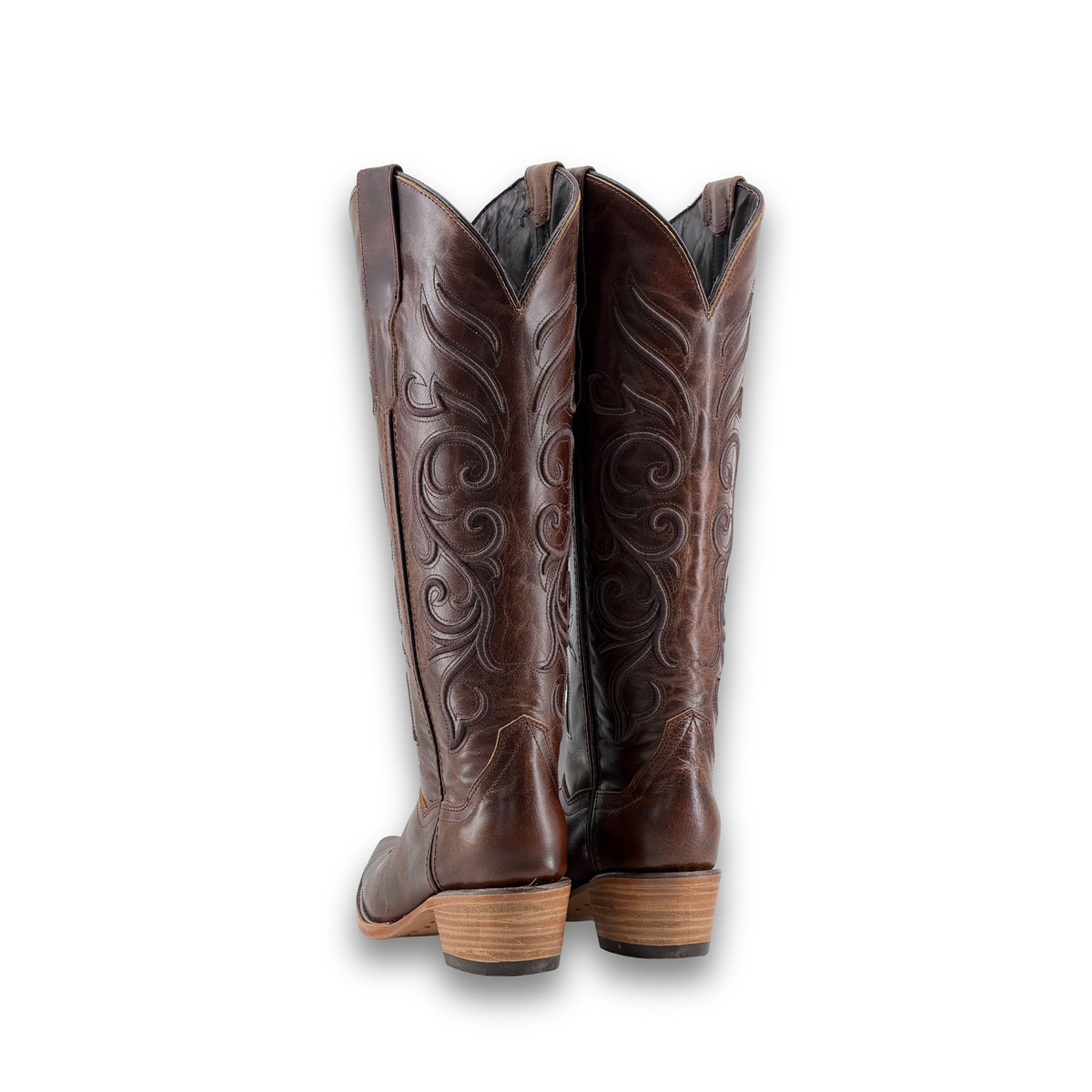 Dark Brown Snip-Toe Sleek Embroidery Wide Calf Knee High Cowgirl Boots
