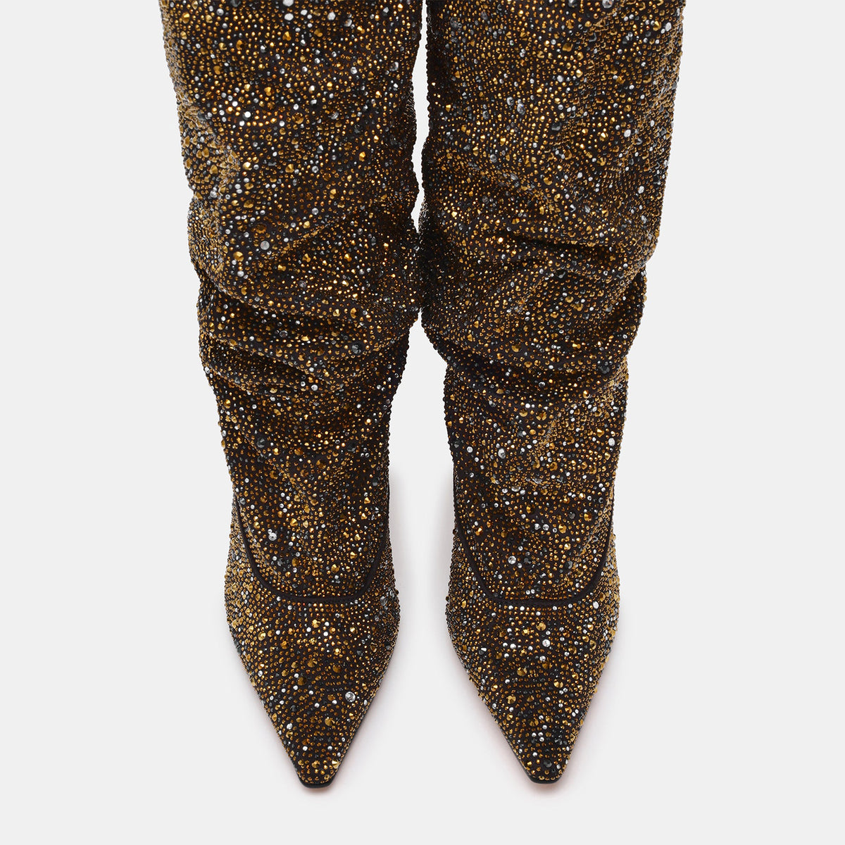 Black Faux Suede Pointed-Toe Full Gold Rhinestones Wide Calf Knee High Stiletto Boots