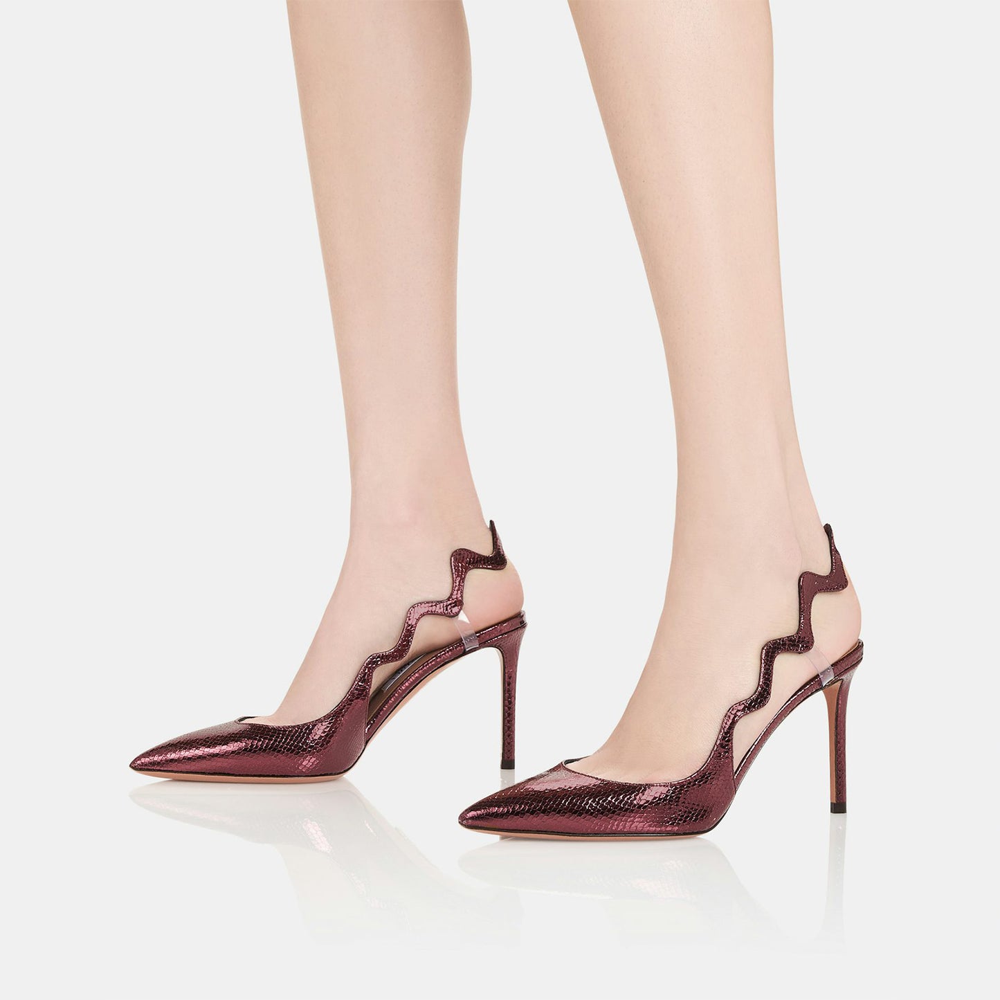 Metallic Wine Red Snakeskin Pointed-Toe Undulating Slingback High Heels