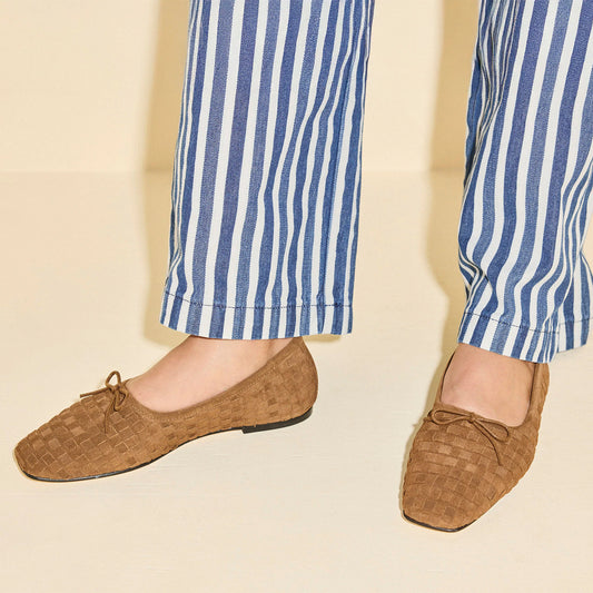 Coffee Woven Faux Suede Square-Toe Front Bow Ballet Flats
