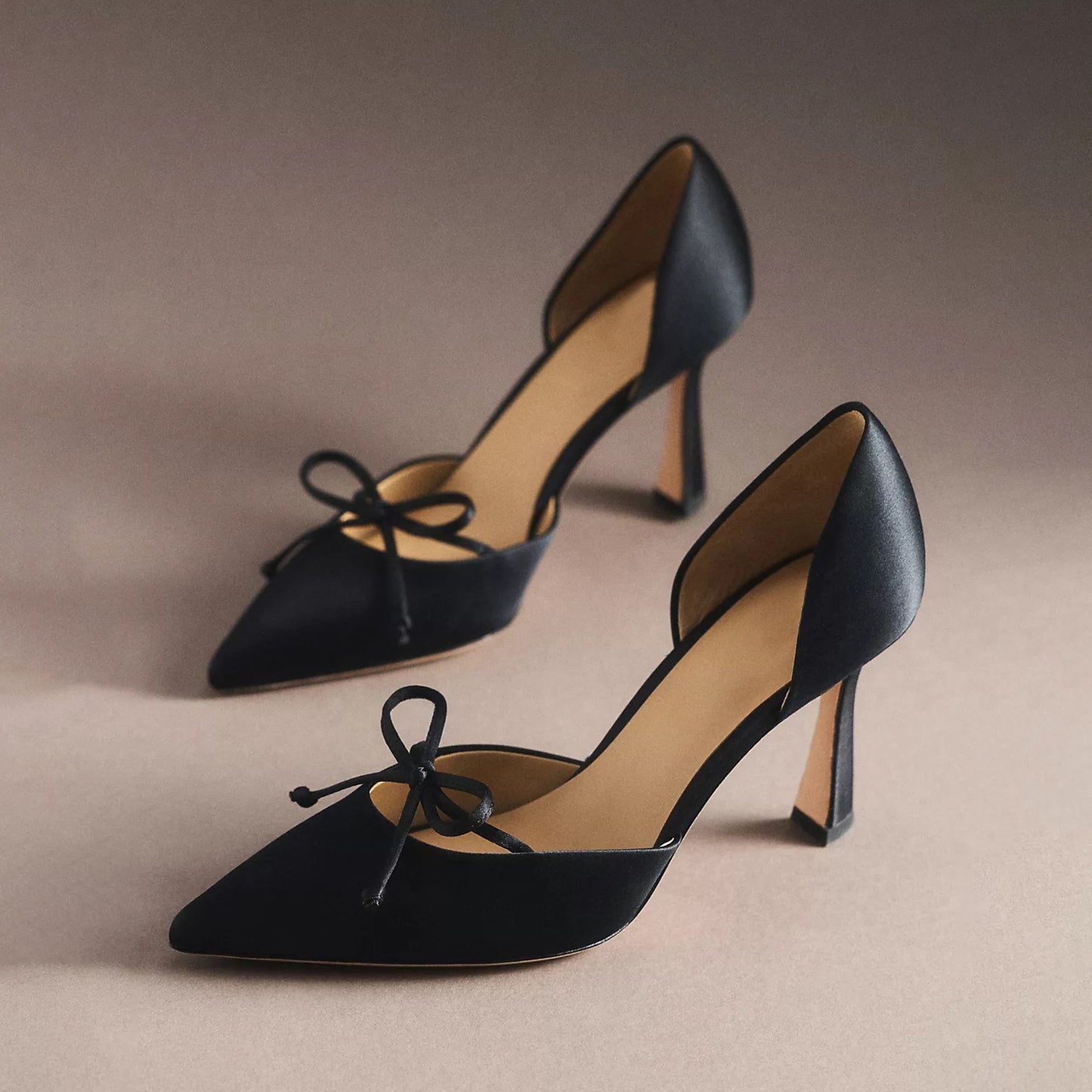 Black Satin Pointed-Toe Front Bow Slip-On Chic High Heels