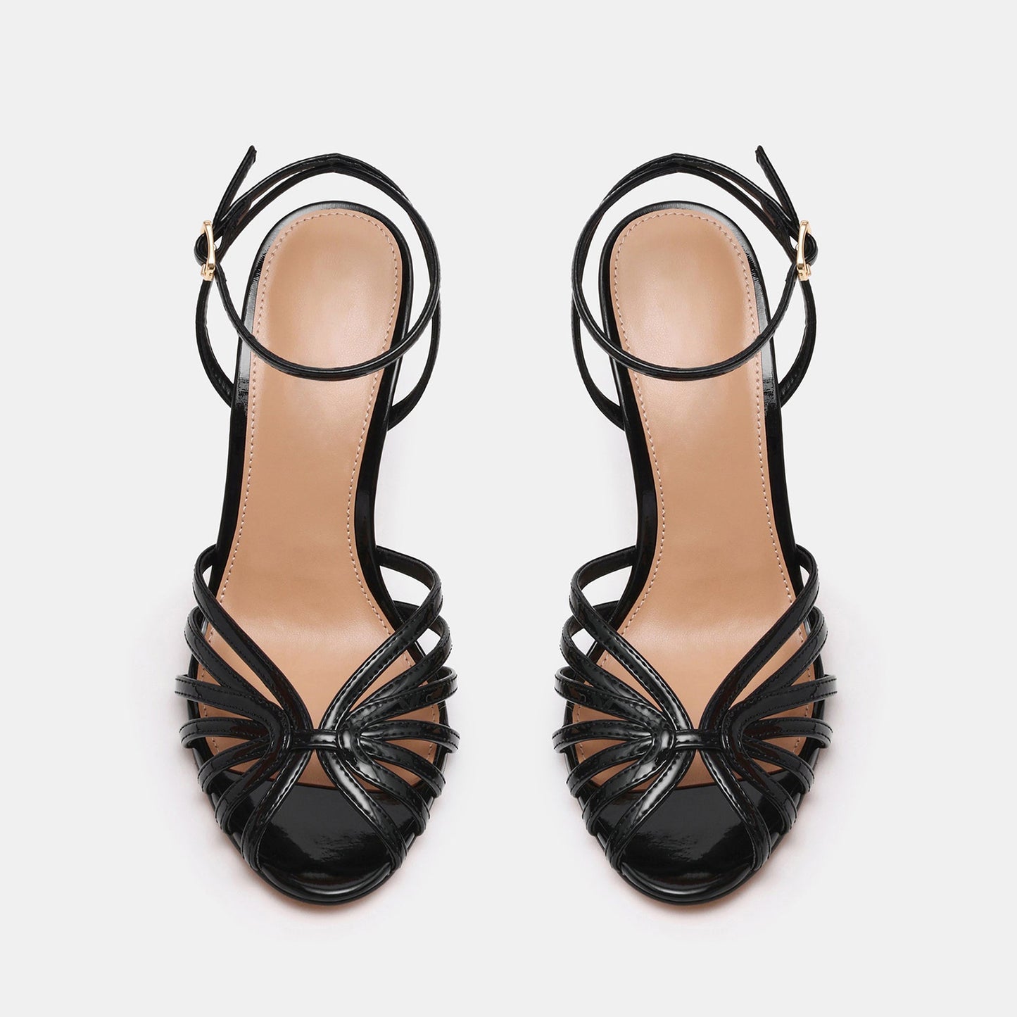Patent Black Round-Toe Strappy Ankle And Back Straps Stiletto Heels