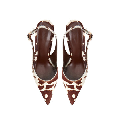 Cow Print Pony Hair Pointed-Toe Slingback Slip-On High Heels