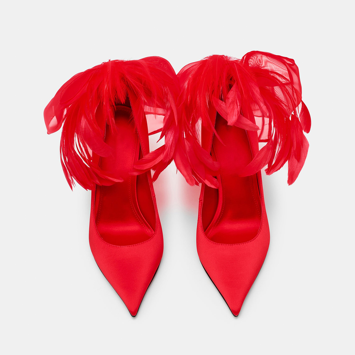 Red Satin Pointed-Toe Back Feather And Bow Slip-On High Heels