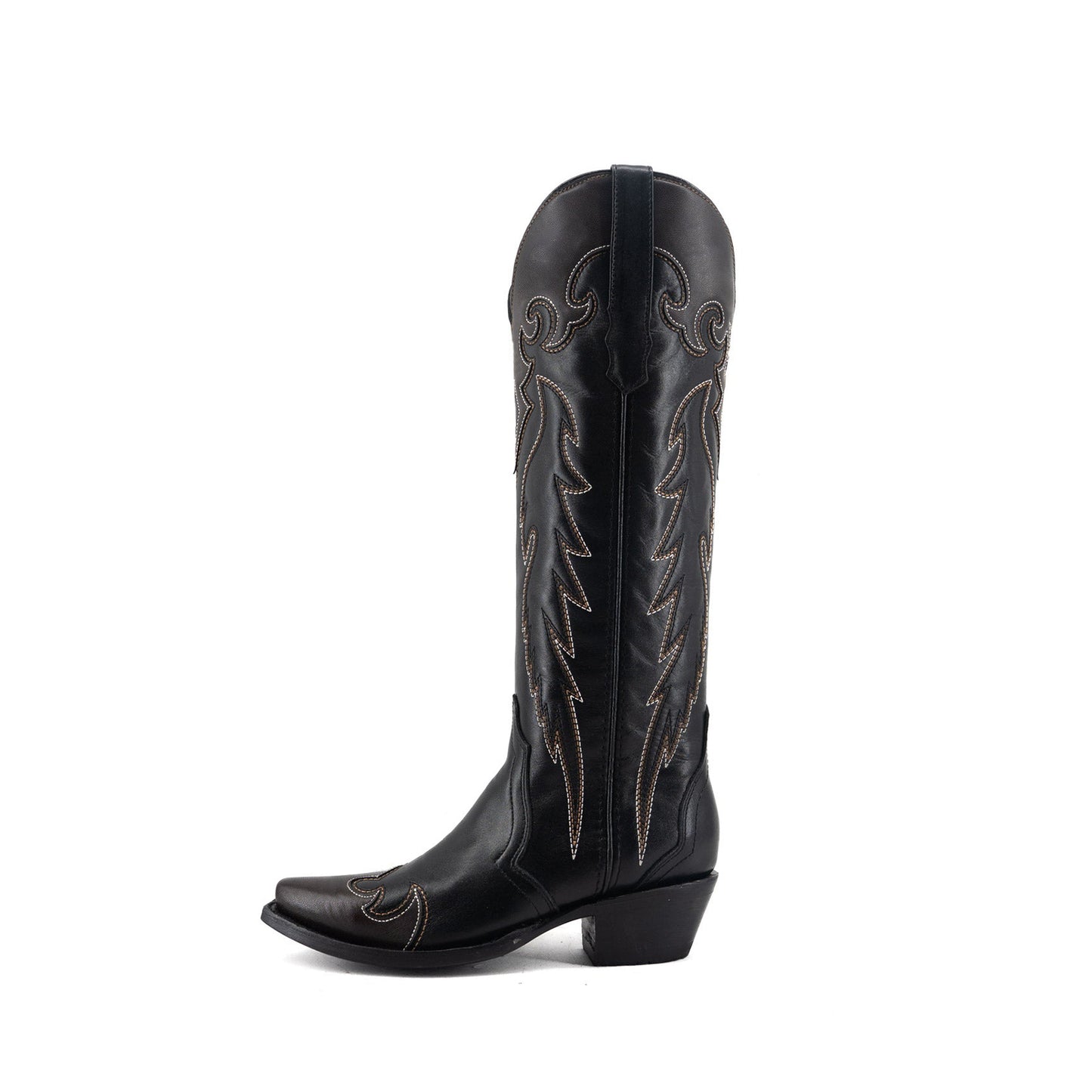 Black Snip-Toe Stylish Embroidery Wide Calf Classic Knee High Cowgirl Boots