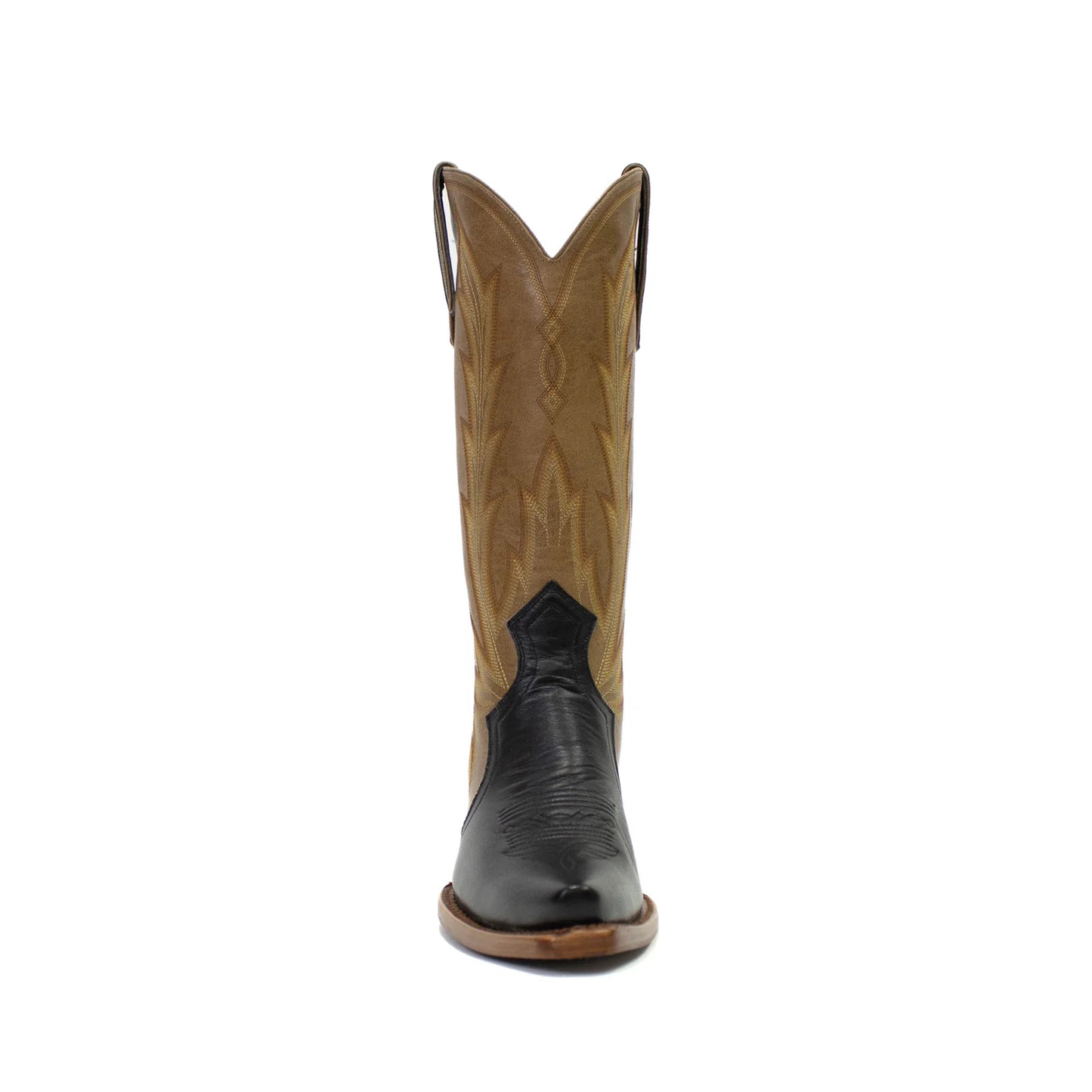 Contrast Brown And Black Snip-Toe Western Embroidery Classic Mid Calf Cowgirl Boots