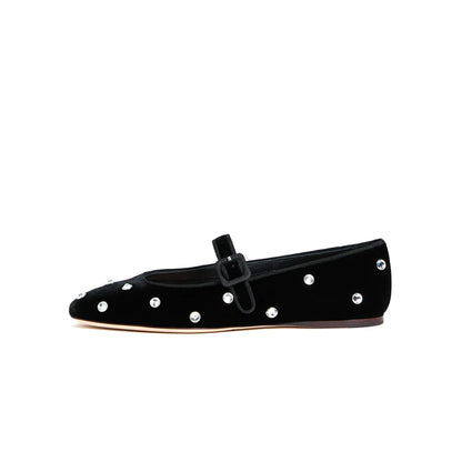Black Velvet Square-Toe Bridge Strap Ballet Flats With Rhinestones