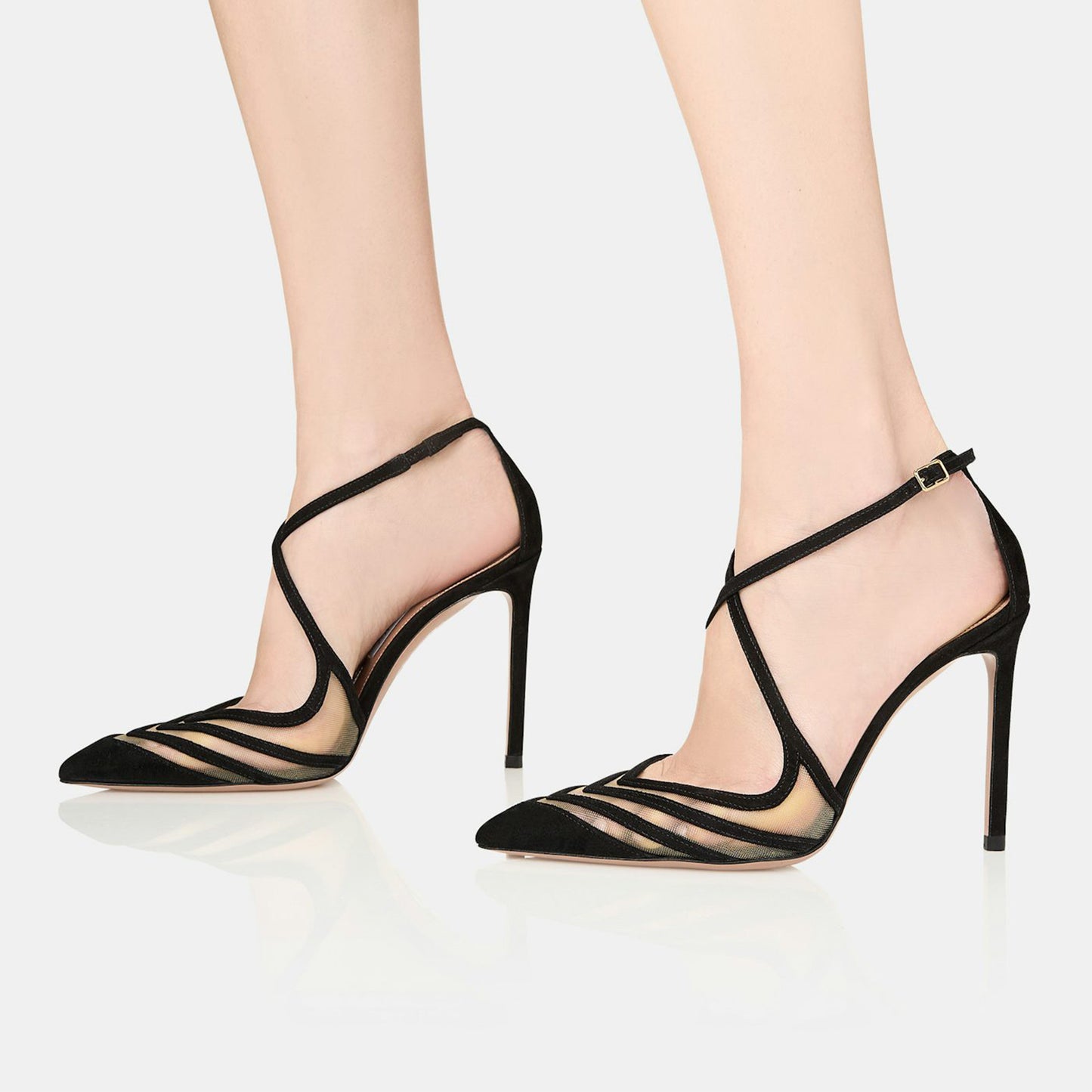 Black Contrast Mesh And Faux Suede Pointed-Toe Crossed Straps High Heels