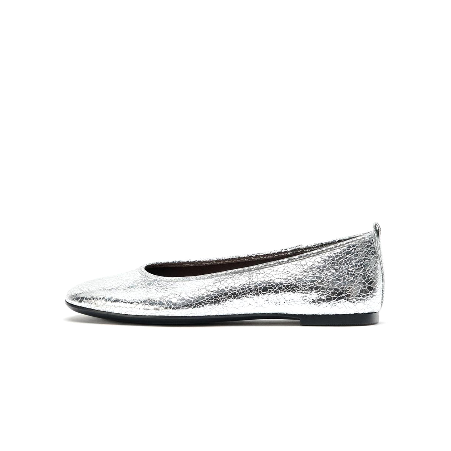 Crinkle Metallic Silver Square-Toe Slip-On Ballet Flats