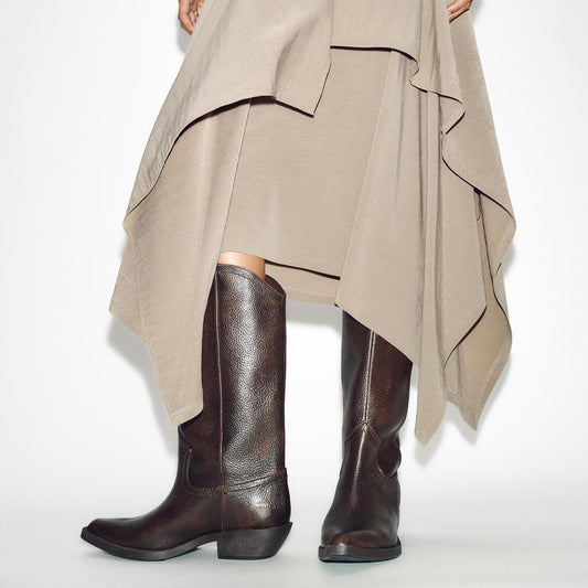 Distressed Brown Snip-Toe Simple Slip-On Mid Calf Cowgirl Boots
