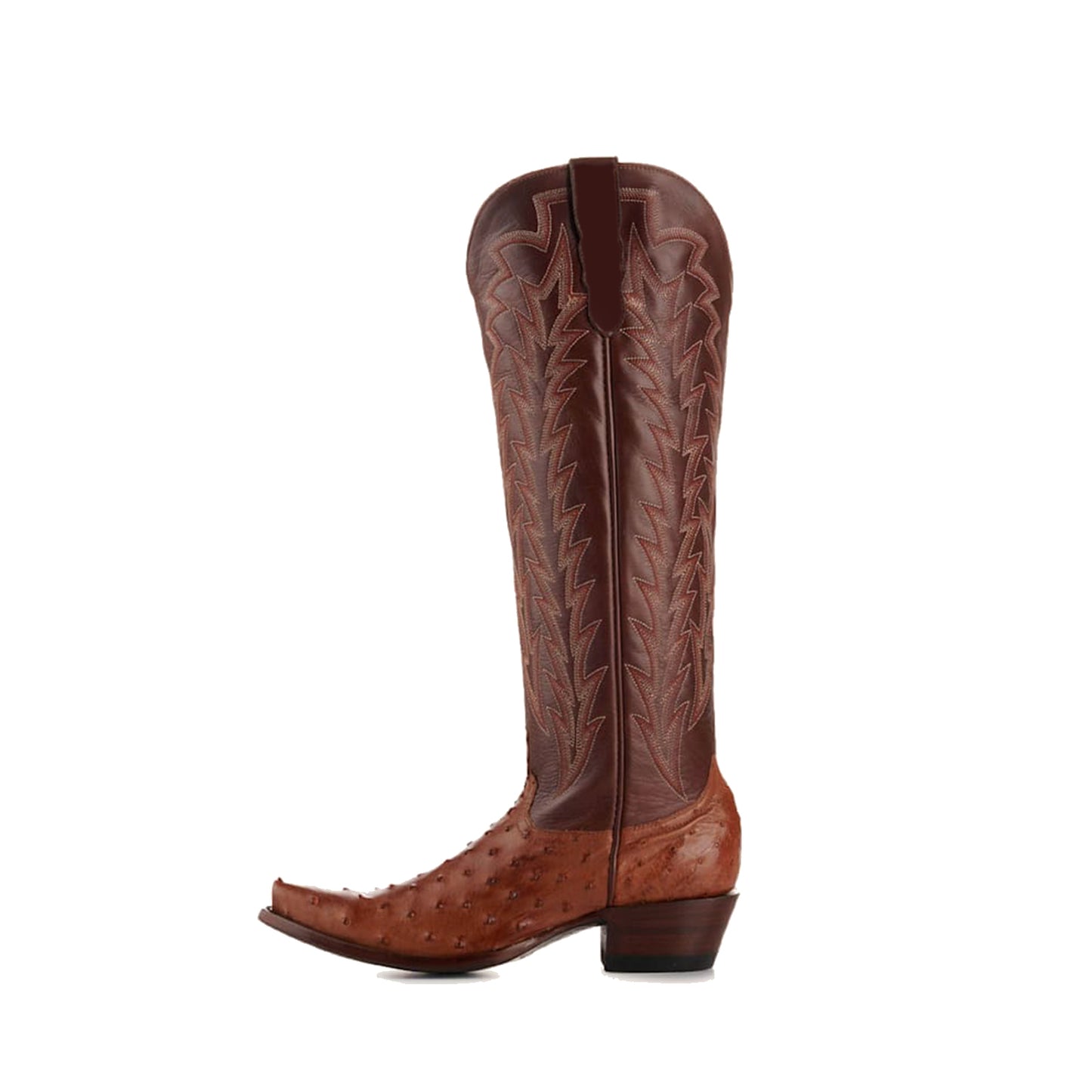Cognac Contrast Vegan Leather And Ostrich Print Snip-Toe Embroidery Classic Wide Calf Knee High Cowgirl Boots