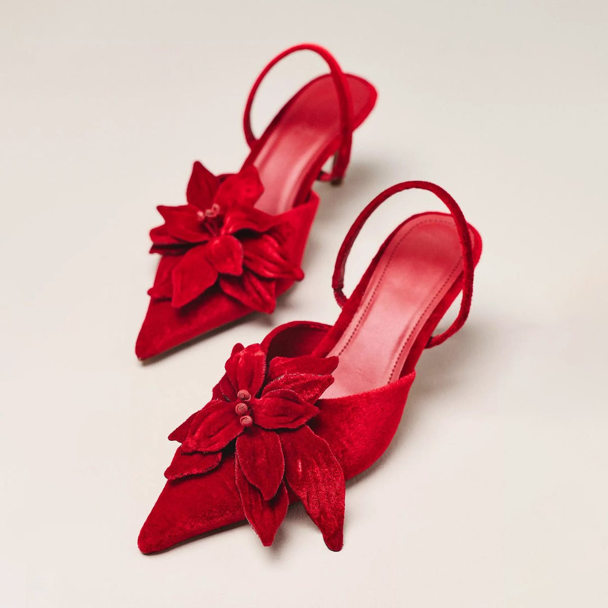 Red Velvet Pointed-Toe Front Floral Applique Slingback Kitten Heels