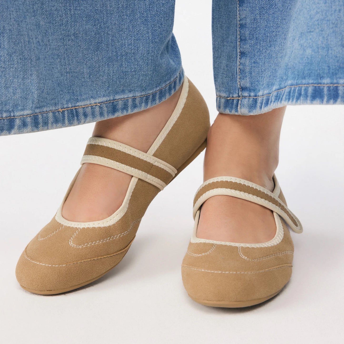 Khaki Faux Suede Round-Toe Simple Mary Jane Chic Flats