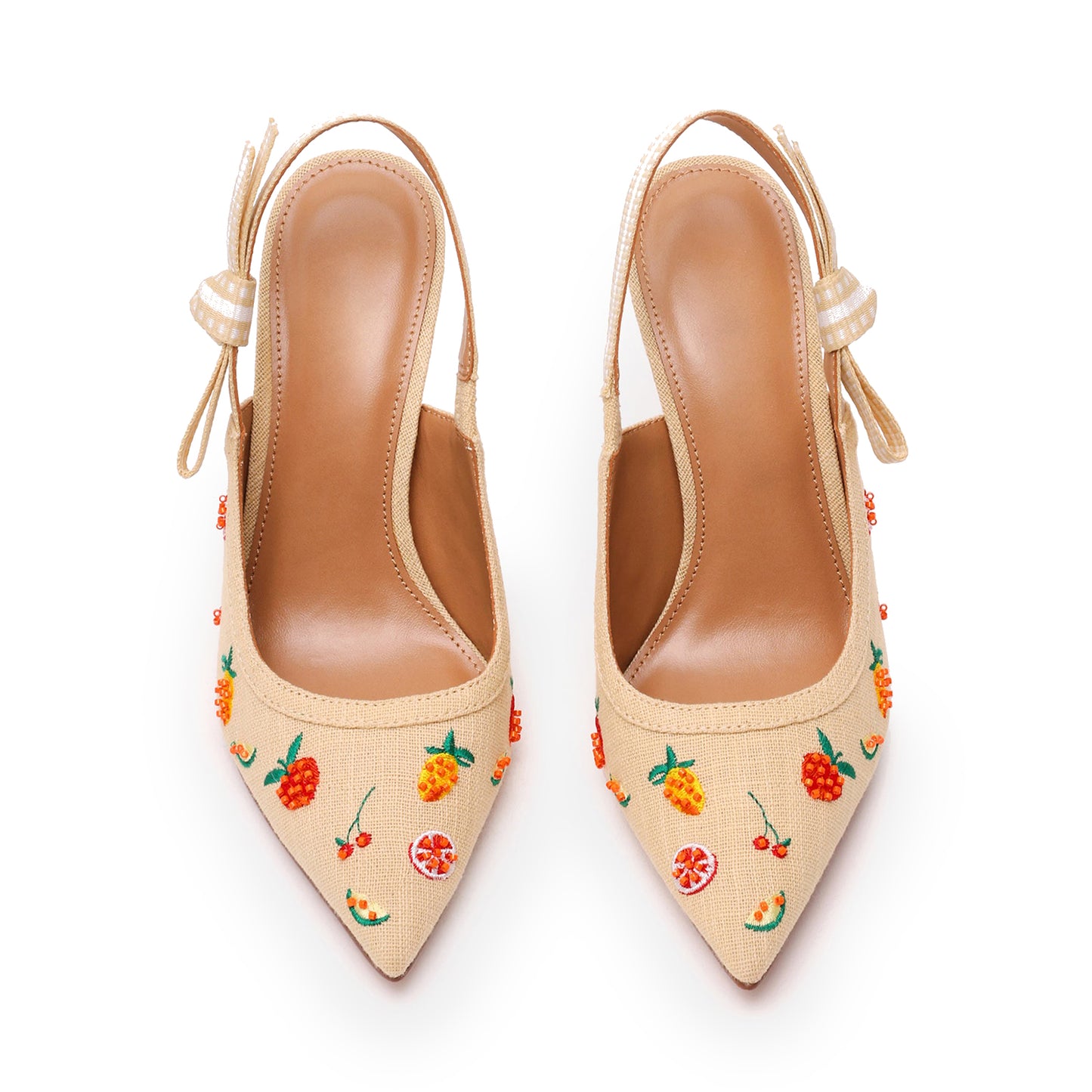 Beige Cloth Pointed-Toe Multiple Fruits Embroidery Slingback With Bow High Heels