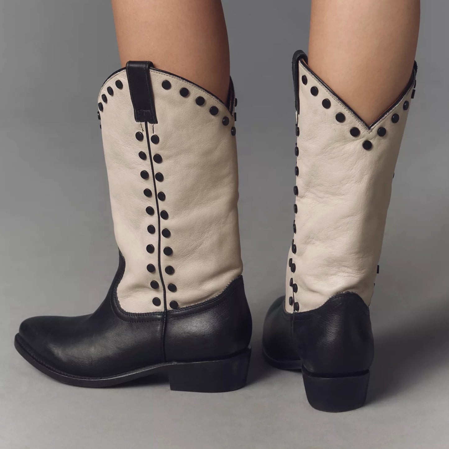 Contrast Bone And Black Round-Toe Studded Chic Mid Calf Cowgirl Boots