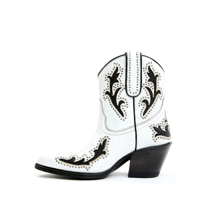 White Almond-Toe Black Inlay Studded Ankle Cowgirl Boots