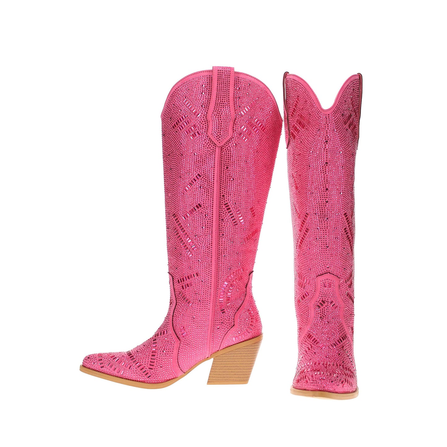 Pink Faux Suede Pointed-Toe Full Crystals Wide Calf Knee High Cowgirl Boots