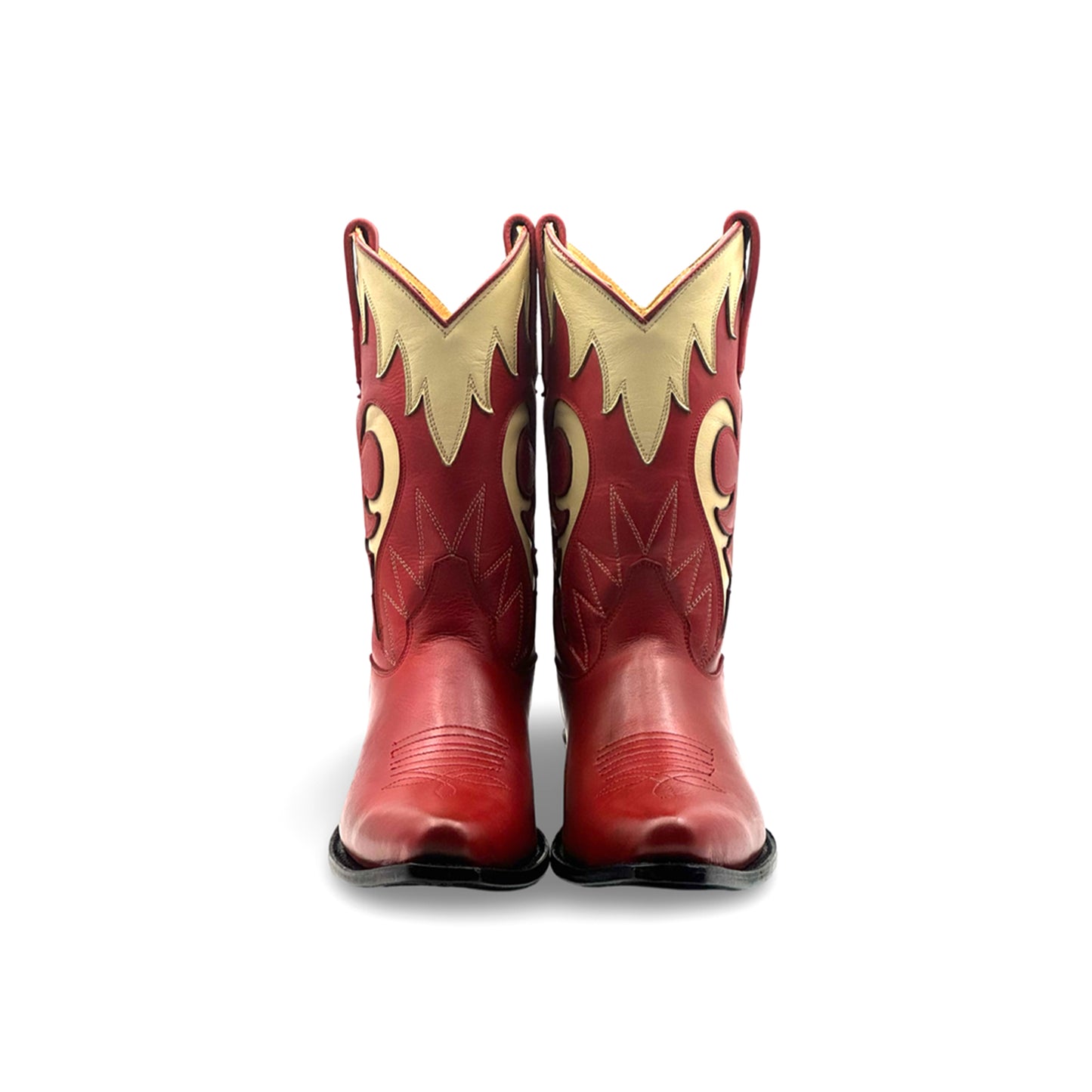 Red Snip-Toe Cream Inlay Embroidery Mid Calf Cowgirl Boots