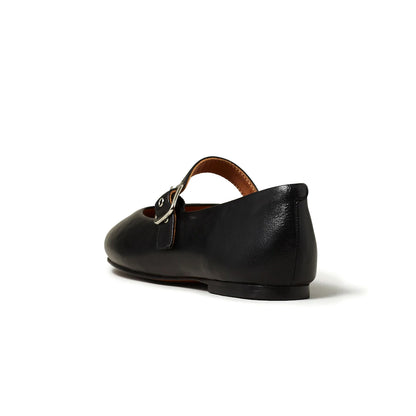 Black Vegan Leather Round-Toe Buckle Bridge Strap Slip-On Flats