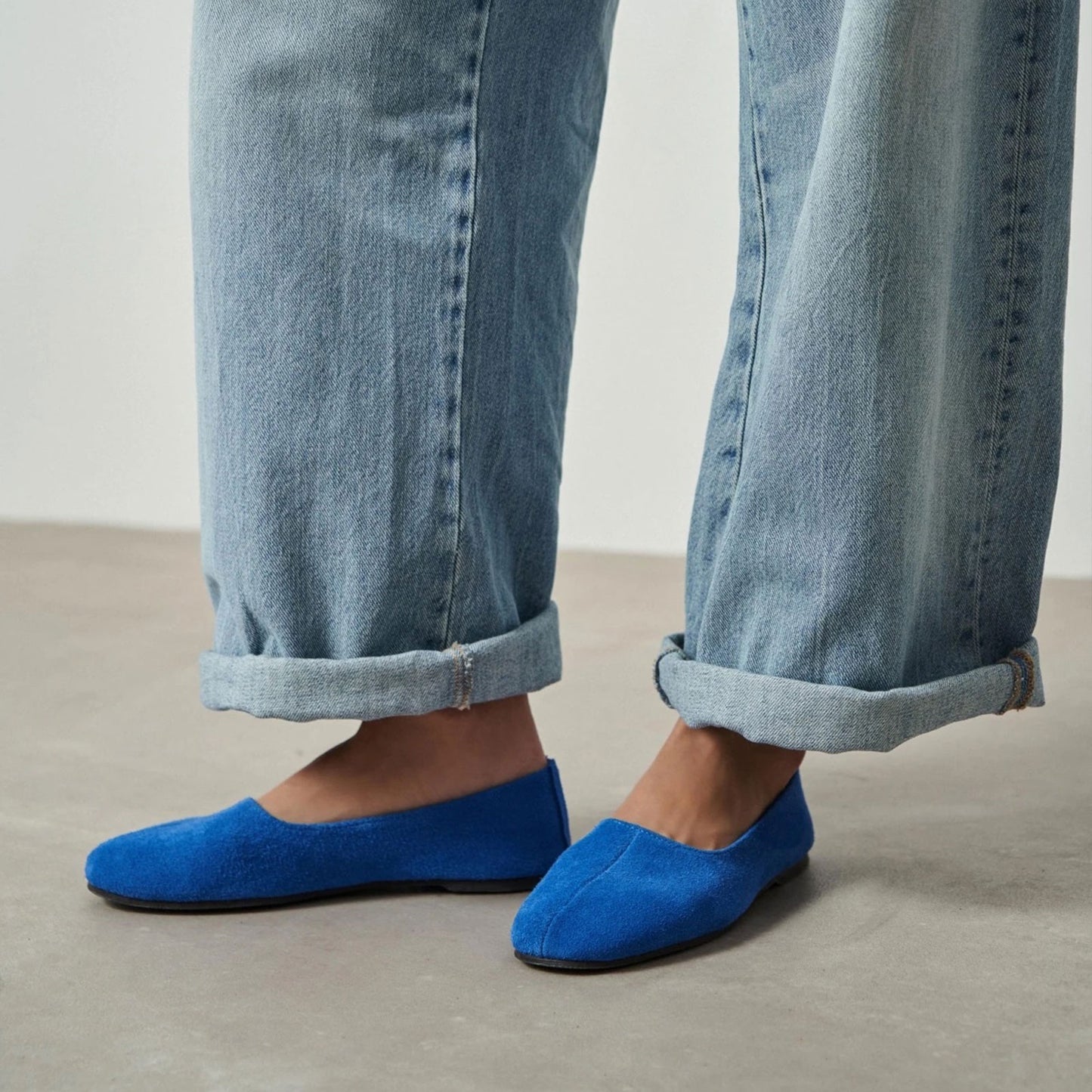 Blue Cow Suede Round-Toe Slip-On Classic Ballet Flats